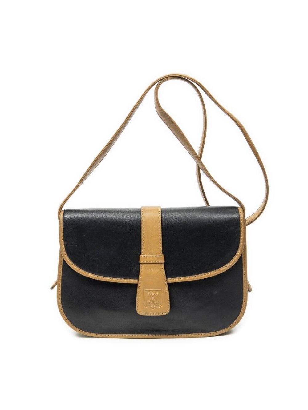 Celine Vintage Flap Bag Crossbody Black Beige Calfskin Leather